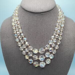 Vintage Aurora Borealis AB Crystal Triple Strand Necklace, Wedding Jewelry